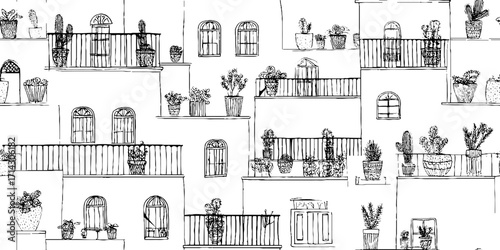Elegant black and white line art of balcony scene for home decor and design projects