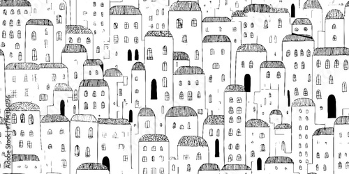 Black and white line art illustration of urban balcony scene - minimalist design for home decor