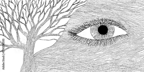 Intricate black and white line art featuring tree and human eye in abstract design
