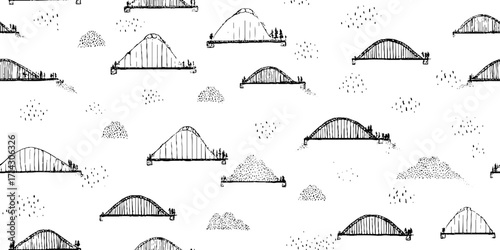 Minimalist black and white line art of various bridges in a repetitive pattern