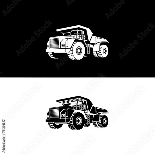 Monochrome vector illustration of a heavy-duty industrial dump truck, representing large-scale construction, mining, and earthmoving operations with a clean, modern design