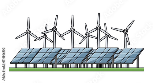 Renewable Energy Farm with Wind Turbines and Solar Panels.