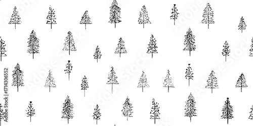 Black and white line art christmas trees pattern design for holiday cards and decor