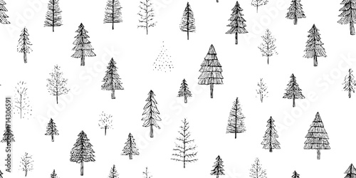 Black and white line art of christmas trees for festive holiday design and decoration
