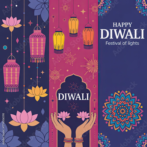 Happy diwali festival of lights illustration with hanging lanterns, lotus flowers, hands holding diyas, and decorative mandala patterns in vibrant colors, celebrating the hindu festival of lights.
