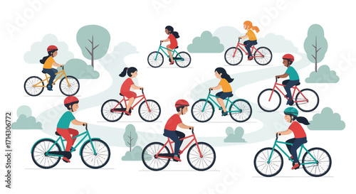 Diverse Children Joyfully Riding Bicycles Outdoors in a Park Setting Illustration.