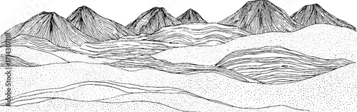 Black and white line art of scenic desert mountains for interior decor and design