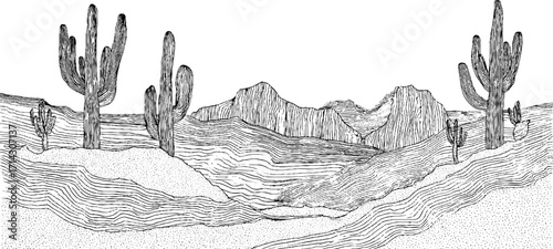Minimalist black and white desert landscape with cacti line art for wall decor