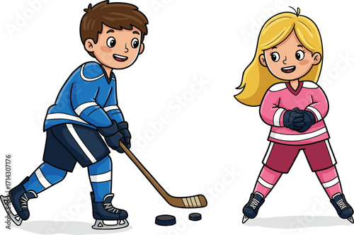 Cartoon children playing ice hockey, winter sport activity, teamwork, smiling kids, hockey puck, skates, fun game, colorful uniforms, frozen surface