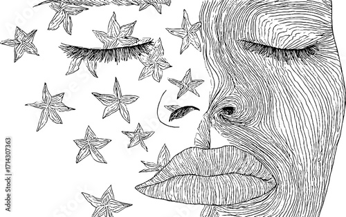 Dreamy abstract line art of face with stars in black and white