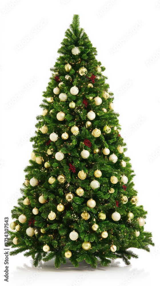 Fototapeta premium Festive Christmas Tree: A majestic Christmas tree stands adorned with shimmering ornaments and twinkling lights, capturing the spirit of the holiday season.