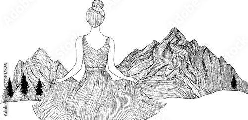 Tranquil meditation in nature - black and white line art of woman with mountains