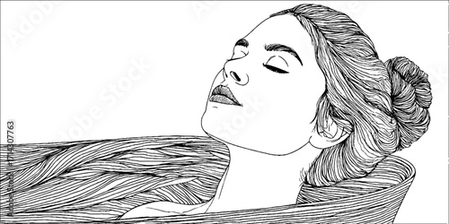Serene female portrait in black and white line art for modern wall decor