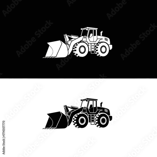 Heavy-duty construction vehicle with a front loader in a stark black and white graphic illustration