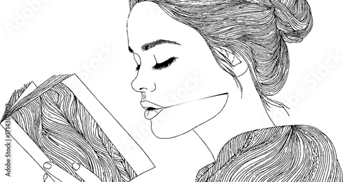 Black and white line art of a woman reading - minimalist illustration for wall decor or print design
