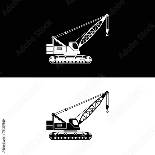 A stylized black and white vector illustration of a heavy-duty crawler crane, shown as a silhouette and line art icon for construction and industrial design projects