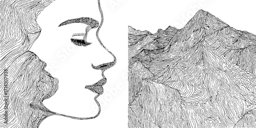 Elegant black and white line art of female profile with mountainous landscape