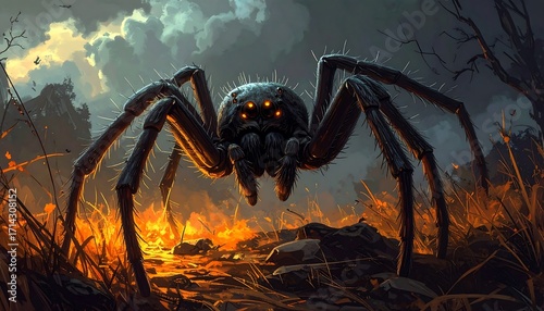 Huge spider in a fiery landscape