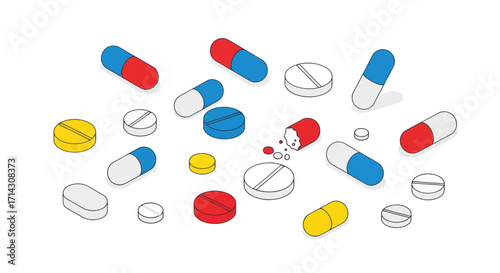 Assorted Colorful Pills and Capsules Illustration Pharmaceutical Medication Healthcare Treatment.