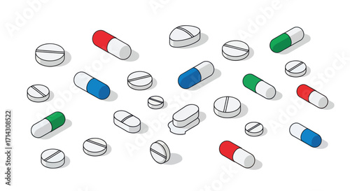 Assorted Colorful Pills and Capsules Medical Illustration.