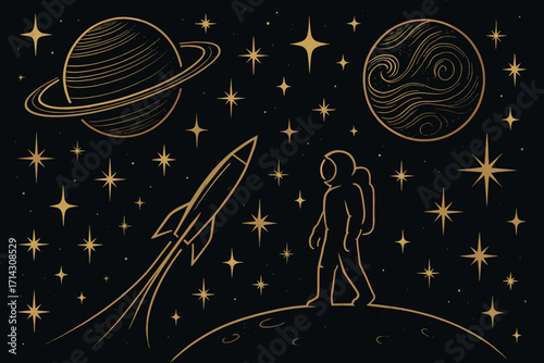 Retro Space Exploration – Astronaut, Rocket and Planets in Vintage Cosmic Illustration