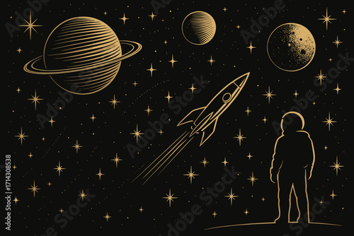 Retro Space Exploration – Astronaut, Rocket and Planets in Vintage Cosmic Illustration