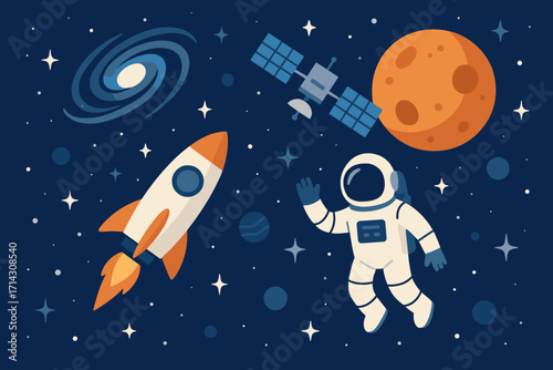 Flat Space Exploration Vector – Rocket, Astronaut, Planets, and Satellite Illustration