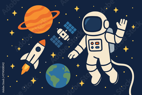 Flat Space Exploration Vector – Rocket, Astronaut, Planets, and Satellite Illustration