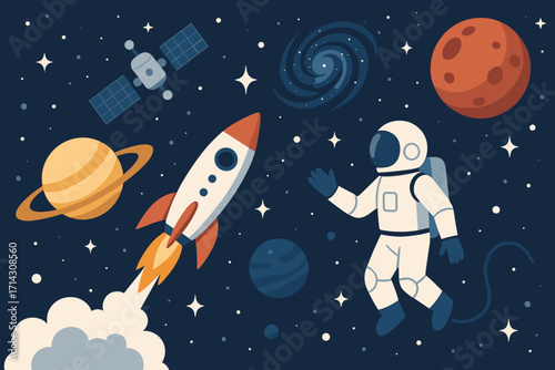 Flat Space Exploration Vector – Rocket, Astronaut, Planets, and Satellite Illustration