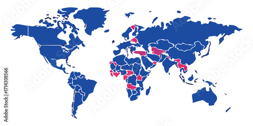 World Map with blue and red shape. Vector pictograms of a world map, globe, earth, continents, countries, borders, political map, geography, international, global, cartography illustration. 
