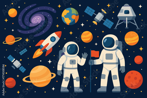 Colorful Space Exploration Illustration – Rockets, Astronauts, Planets, and Satellites