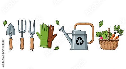 Set of colorful gardening items: hand tools watering can with recycling symbol and a wicker basket of vegetables.