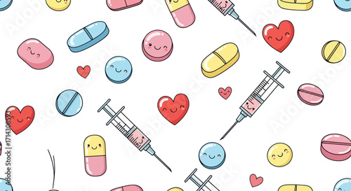 Colorful Cartoon Medical Pattern with Pills Syringes and Hearts.
