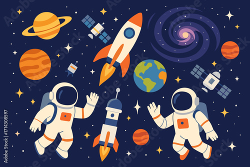 Colorful Space Exploration Illustration – Rockets, Astronauts, Planets, and Satellites
