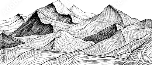 Intricate black and white line art of layered mountain peaks for artistic design