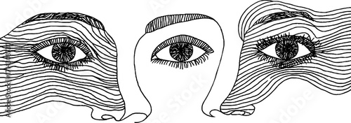 Abstract black and white line art of eyes and lips for modern decor and design