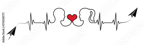 Abstract paper origami airplane, ekg shape route, man woman head, red heart vector. Creative medical science valentines design to use for cardiology, healthcare business, love concept projects.