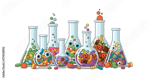 Assortment of Halloween-themed laboratory beakers filled with colorful candies and spooky elements.