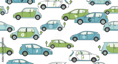 Seamless Pattern of Eco-Friendly Electric Cars with Charging Plugs Green and Blue Vehicles.