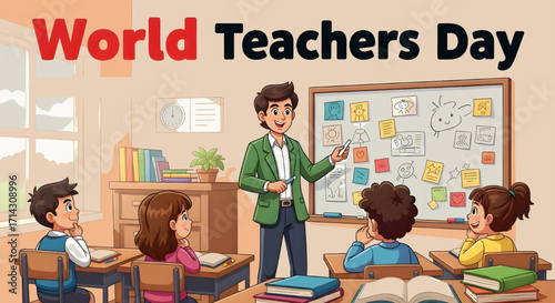 Happy world teachers day cartoon scene with children learning in a classroom vector