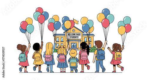 Children with Balloons in Front of School Building.
