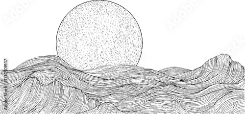 Tranquil black white line art moon over wavy landscape design for wall art and decor