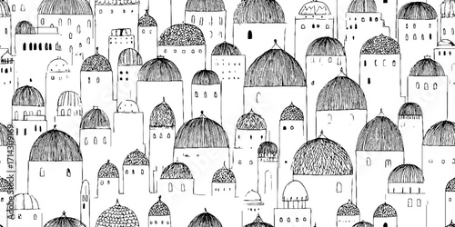 Intricate black and white line art of mosque domes and minarets for cultural design