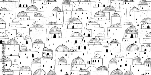Intricate black and white line art of mosque domes and architecture