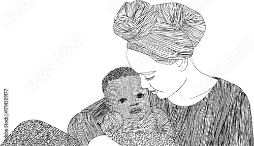 Bonding moment: black and white line art of mother and child, design for print and home decor