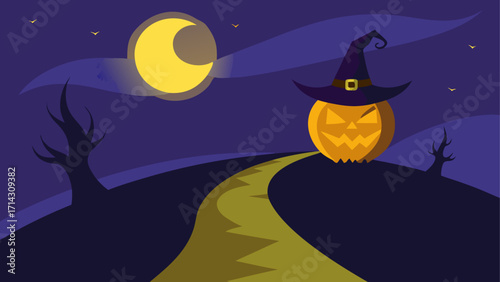 Witch’s Pumpkin Guarding the Moonlit Trail