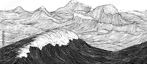 Intricate black and white line art of rolling waves for nautical design