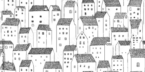 Monochrome urban rooftops line art illustration for print and design