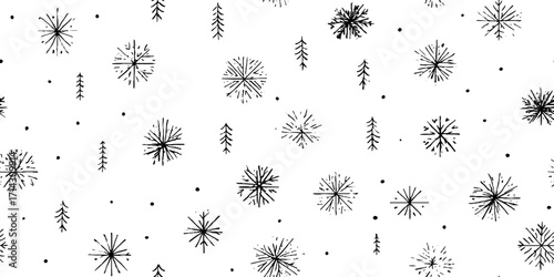 Black and white minimalist snowflake line art pattern for winter decor