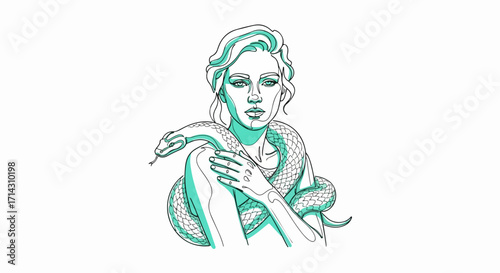 A woman with a snake around her neck, embodying temptation, transformation, and the allure of the forbidden isolated on white background